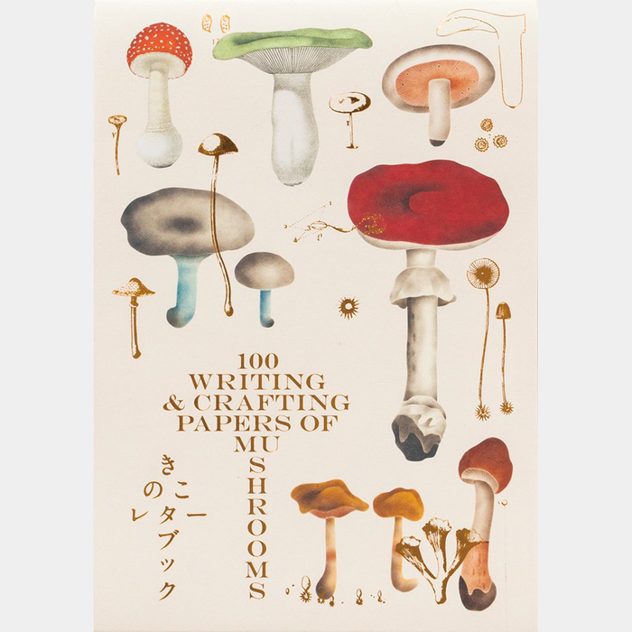 100 Writing and Crafting Papers Mushrooms book cover cover with illustrations of mushrooms and text on a light background