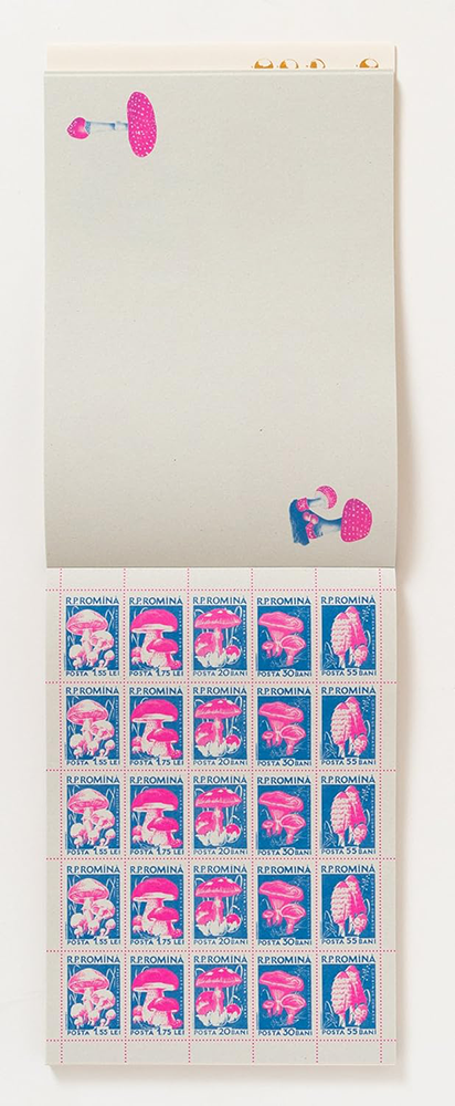 Illustration of Sheet of stamps featuring a pink mushrooms with a blue background