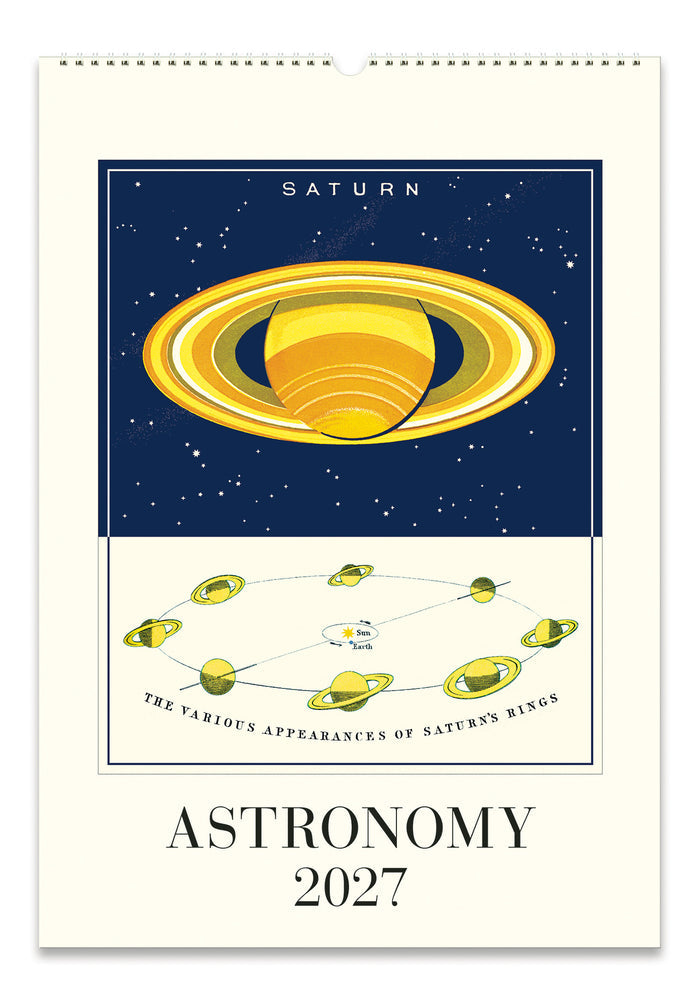 A 2027 astronomy calendar featuring a vintage-style illustration of Saturn on the cover page, with the title 'ASTRONOMY 2027' printed below.