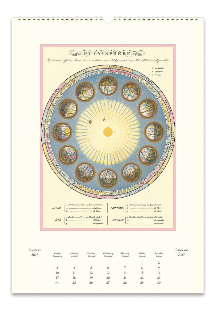 2027 Cavallini & Co. Astronomy Wall Calendar page titled 'PLANTESPHERE' showing a circular botanical diagram with illustrated plant spheres and a monthly calendar grid at the bottom, photographed against a plain white background.