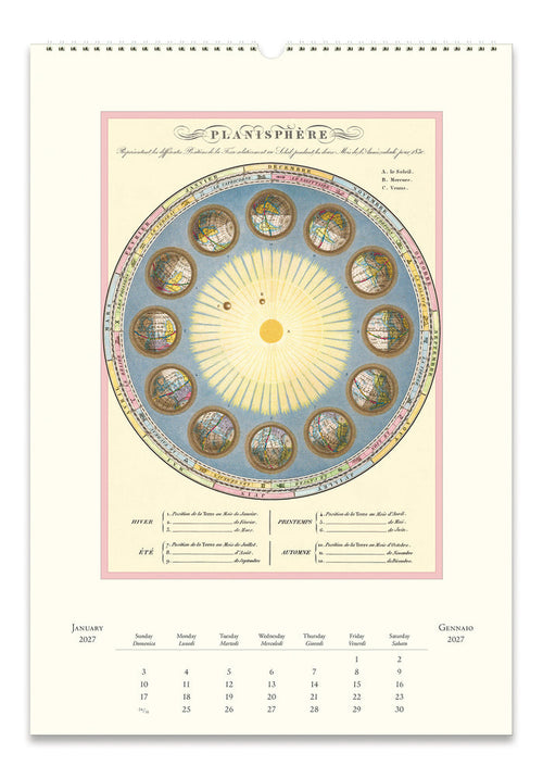 2027 Cavallini & Co. Astronomy Wall Calendar page titled 'PLANTESPHERE' showing a circular botanical diagram with illustrated plant spheres and a monthly calendar grid at the bottom, photographed against a plain white background.
