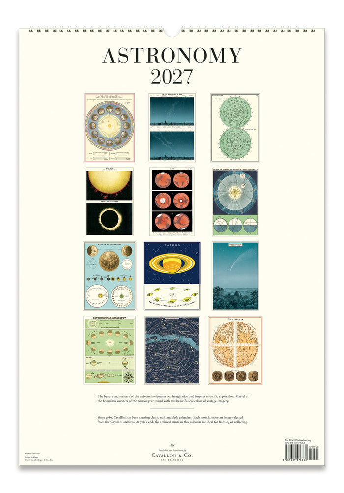 Astronomy-themed calendar for 2027 with various celestial images on a white background.