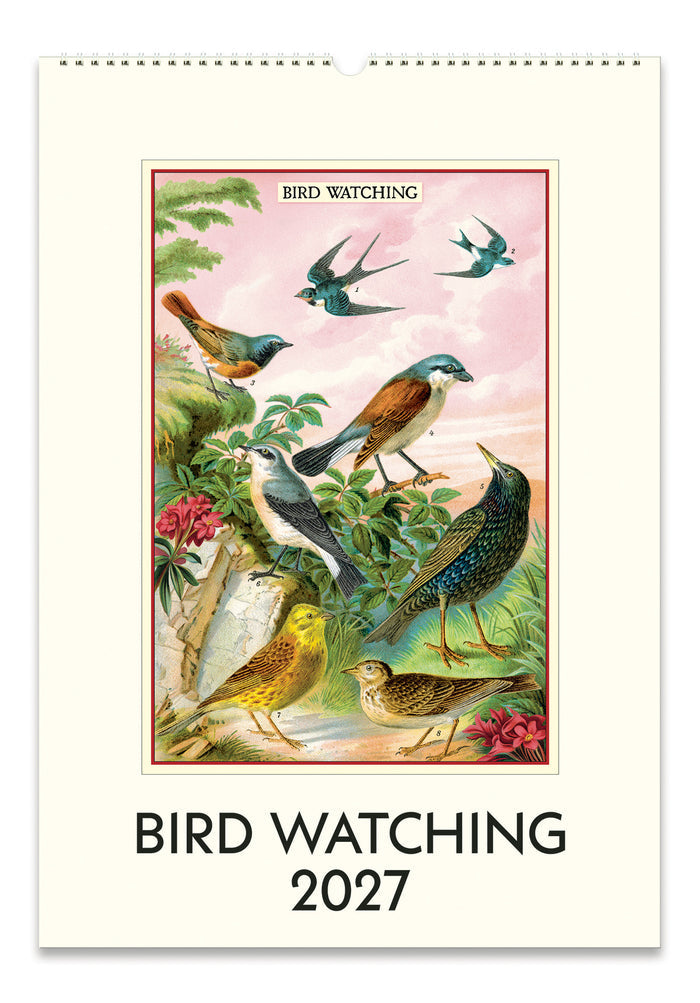2027 Cavallini & Co. Bird Watching Wall Calendar with colorful birds and flowers on a white background