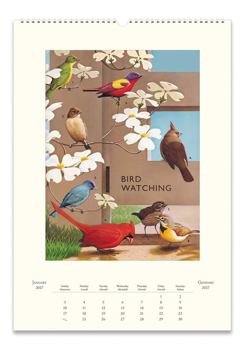 A wall calendar page titled 'BIRD WATCHING' featuring a vintage-style bird illustration with colorful birds, white blossoms, and a calendar grid at the bottom showing January 2027.