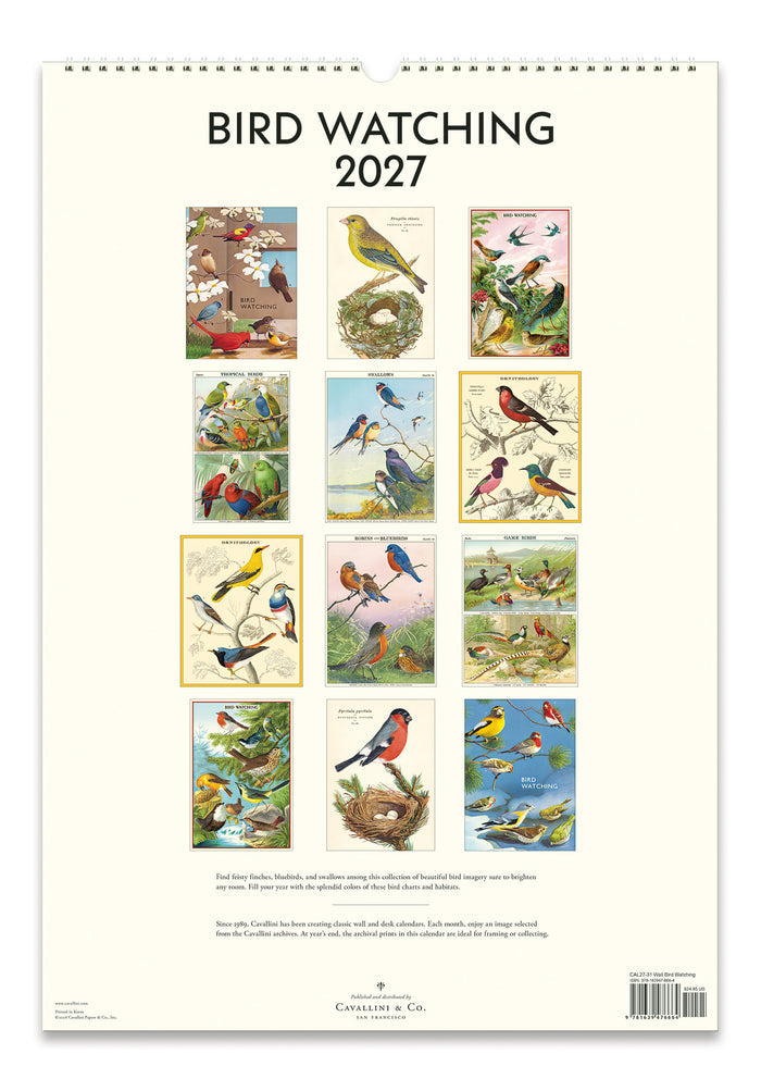 Back page of the Bird Watching calendar for 2027 with illustrations of various birds and nests.
