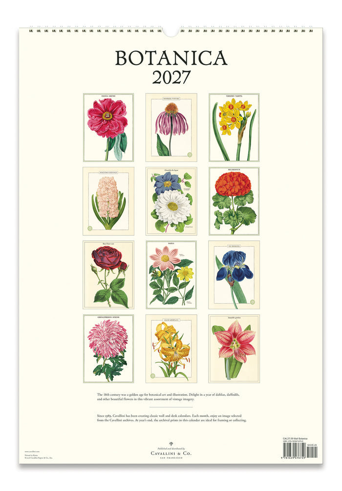 Calendar back cover with illustrations of flowers titled 'Botanica 2027' on a white background.