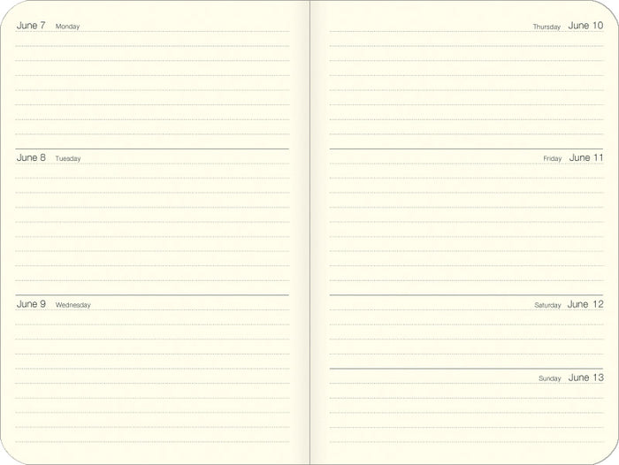 An open planner with cream-colored lined pages, showing a weekly layout from June 7 to Sunday, June 13.