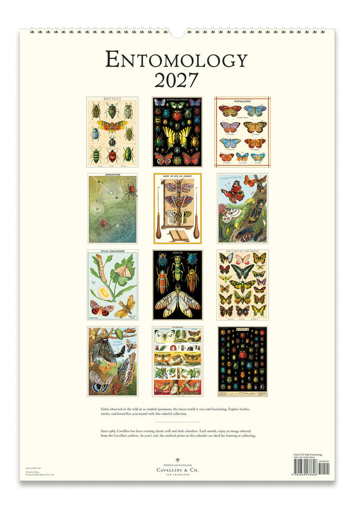 2027 entomology calendar back cover with illustrations of insects on a white background from all 12 months of the year.