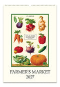 A wall calendar cover titled 'FARMER'S MARKET 2027' featuring a vintage-style botanical illustration of various vegetables on an off-white background.