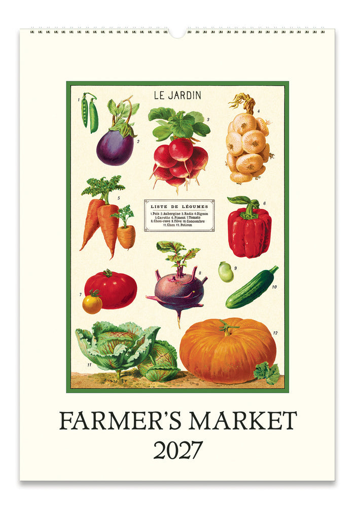 A wall calendar cover titled 'FARMER'S MARKET 2027' featuring a vintage-style botanical illustration of various vegetables on an off-white background.