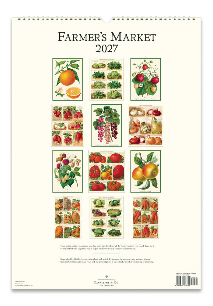 Calendar back cover with illustrations of fruits and vegetables on a white background