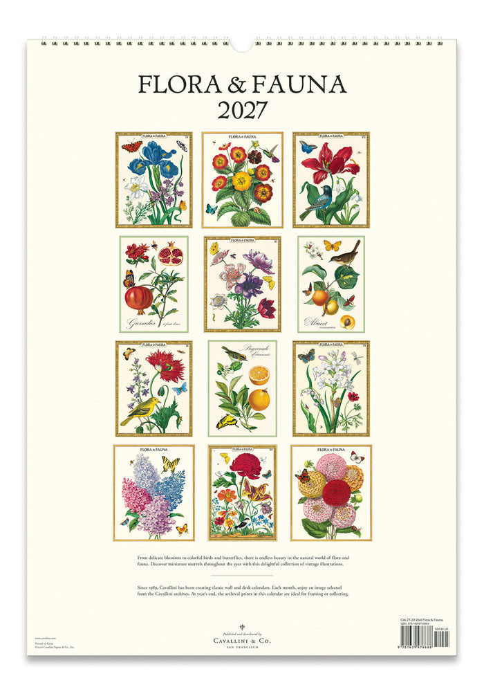 Flora & Fauna 2027 calendar with illustrations of flowers and animals on a white background.