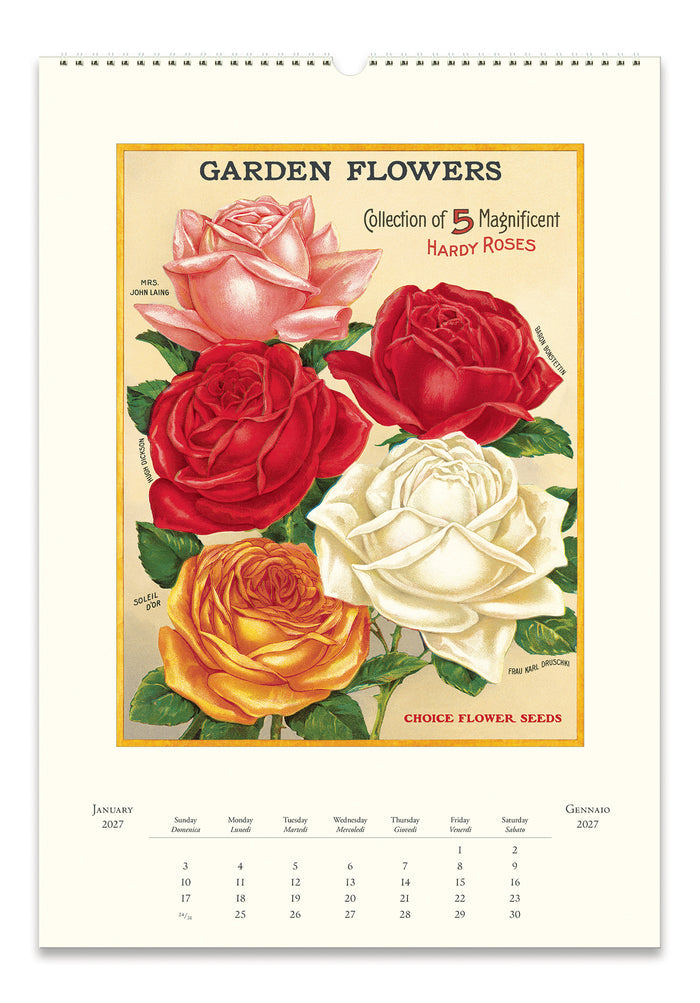 Vintage-style garden flowers wall calendar page featuring an illustration of five hardy roses in pink, red, yellow, and white, with a January 2027 calendar grid at the bottom.