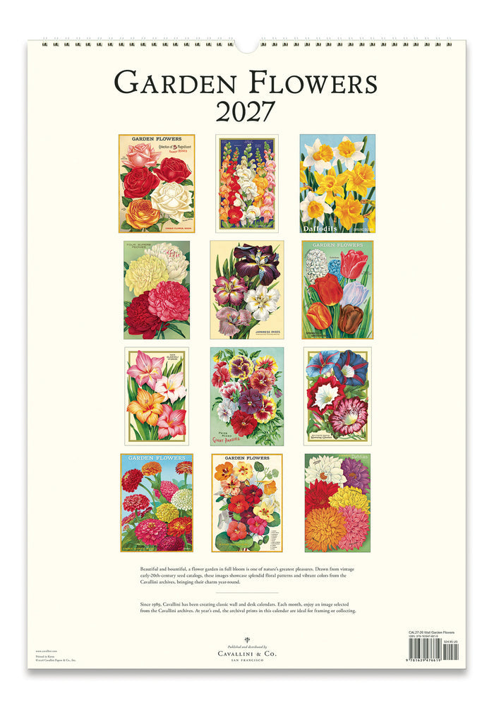 Calendar back cover with colorful garden flower illustrations for all 12 months of 2027