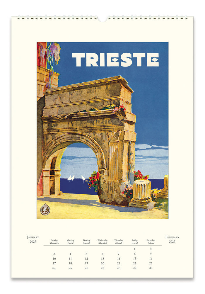A vintage-style wall calendar page featuring an illustrated archway scene labeled TRIESTE, with a blue sky, sea, ruins, and a calendar grid at the bottom showing January  2027.