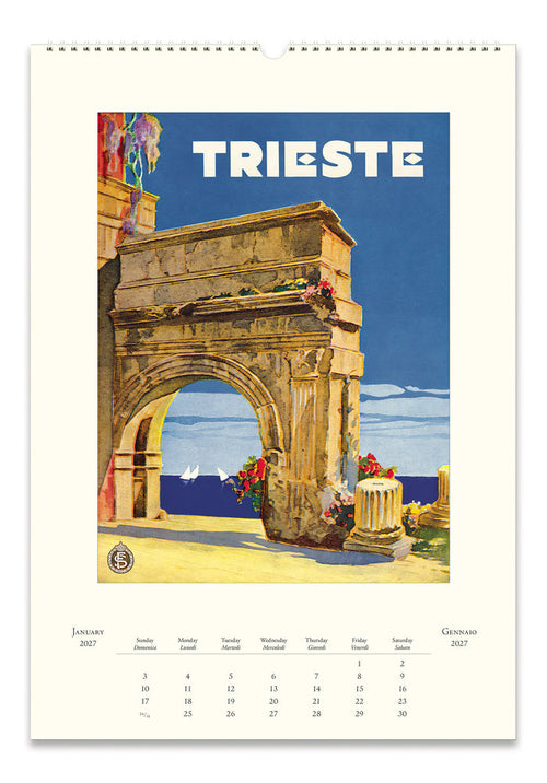 A vintage-style wall calendar page featuring an illustrated archway scene labeled TRIESTE, with a blue sky, sea, ruins, and a calendar grid at the bottom showing January  2027.