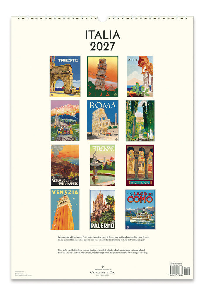 Calendar back cover for 2027 featuring travel-themed illustrations of Italian cities.