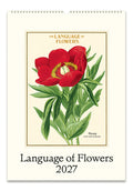 2027 Cavallini & Co. Language of Flowers Wall Calendar featuring a vintage botanical illustration of a red flower with green leaves on the front cover.