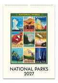 A spiral-bound 2027 National Parks wall calendar featuring a collage of 9 vintage-style national park posters on an off-white page, with the title 'NATIONAL PARKS 2027' printed at the bottom.
