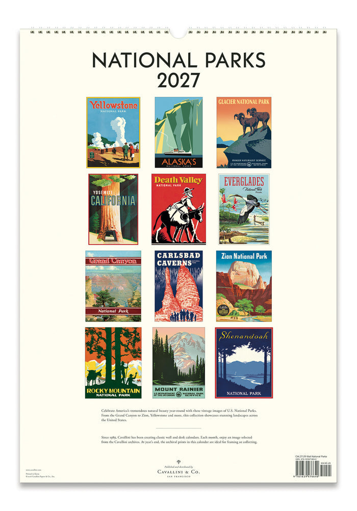 A spiral-bound 2027 National Parks wall calendar showing the back page featuring a grid of 12 vintage-style travel poster illustrations for different national parks.