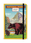 2027 Cavallini & Co. National Parks Weekly Planner featuring a vintage-style bear illustration on the cover, with a black elastic closure band.
