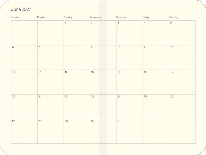 An open monthly calendar spread showing June 2027, with a cream-colored page, black printed day labels, and a double-page layout.