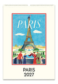 A Paris 2027 wall calendar showing the front cover. The design features a cream border, a central illustrated scene of the Eiffel Tower with people in the foreground under a blue sky, and the text 'PARIS 2027' printed below.