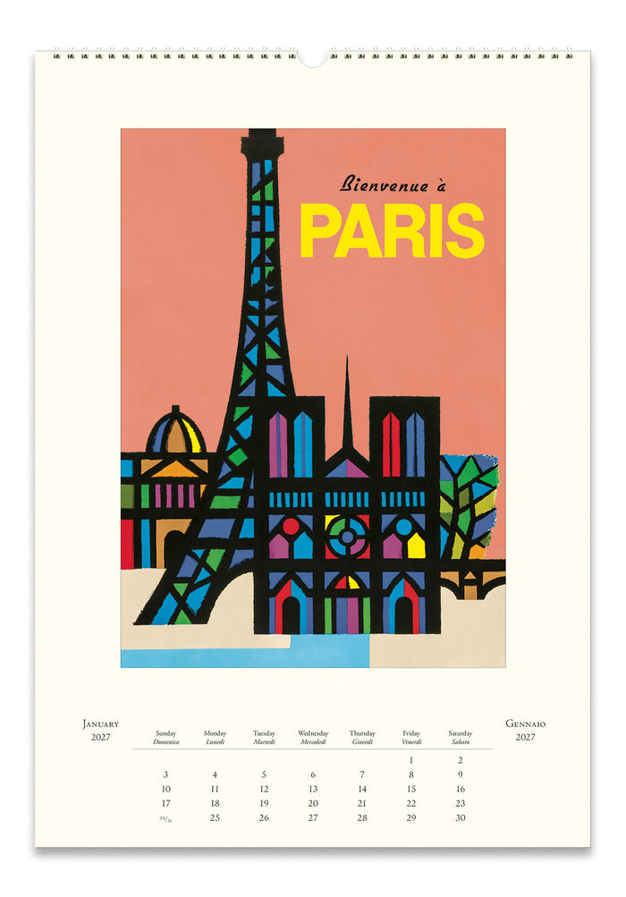 A Paris-themed wall calendar page featuring a colorful stylized illustration of the Eiffel Tower and Parisian buildings on a peach background, with the words 'Bienvenue à PARIS' and a monthly calendar grid below.