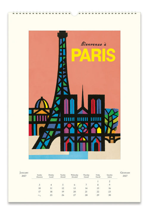 A Paris-themed wall calendar page featuring a colorful stylized illustration of the Eiffel Tower and Parisian buildings on a peach background, with the words 'Bienvenue à PARIS' and a monthly calendar grid below.