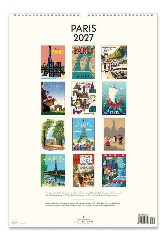 Calendar back cover with illustrations of Paris scenes and 'Paris 2027' text.