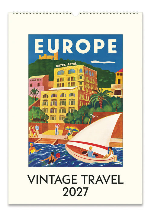 2027 Cavallini & Co. Vintage Travel Wall Calendar front cover featuring a colorful illustration of Europe with the word 'EUROPE' at the top and 'VINTAGE TRAVEL 2027' at the bottom.