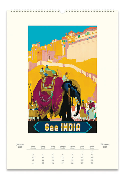 2027 Cavallini & Co. Vintage Travel Wall Calendar January page, with the text 'See INDIA' and a calendar grid for January 2027 at the bottom, shown against a white background.