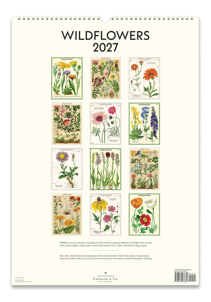 2027 Cavallini & Co. Wildflowers Wall Calendar back page showing 12 months of flower iamges.
