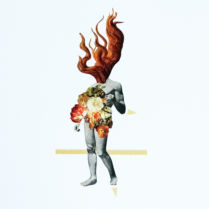 An abstract  collage of a nude figure with flowing reddish-flame like hair and a floral torso, set against a very light gray background with a thin gold horizontal line and small gold corner accents.