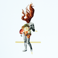An abstract  collage of a nude figure with flowing reddish-flame like hair and a floral torso, set against a very light gray background with a thin gold horizontal line and small gold corner accents.