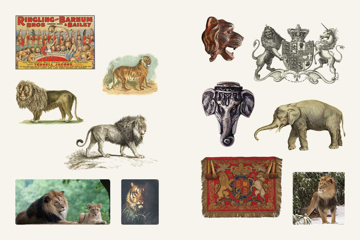 Example page- Collection of vintage-style illustrations and images featuring animals and emblems on a white background.