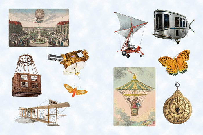example page of vintage-style illustrations and models of airships, airplanes, and a butterfly on a light blue background.