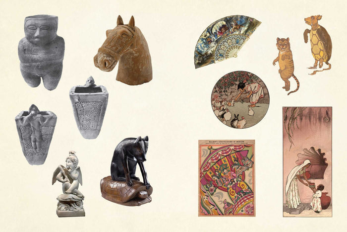 Collection of various sculptures and decorative items on a beige background