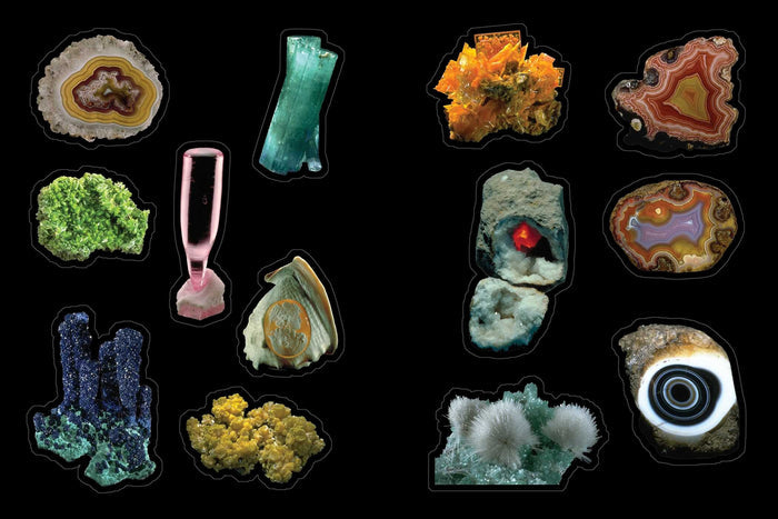 Sample page- a collection of various colorful mineral and crystal specimens on a black background