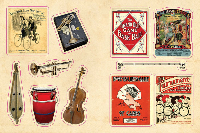 Cabinet of Curiosities Sticker Book- sample page with vintage stickers