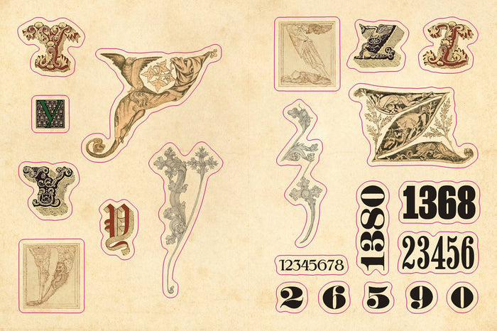 Sample page- a collection of vintage-style decorative letters and numbers on a beige background