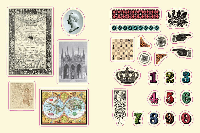 Sample page- a collection of vintage-style illustrations and numbers on a beige background