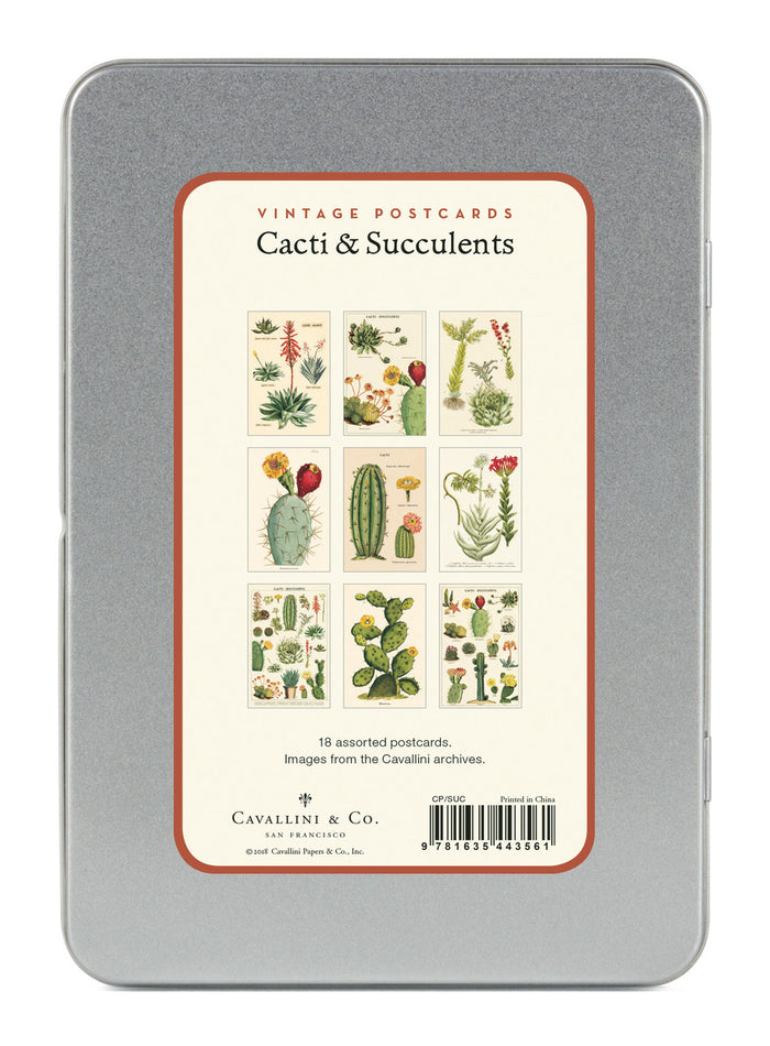 Postcards are packaged in a reusable tin which  contains 18 postcards, 2 each of 9 styles.