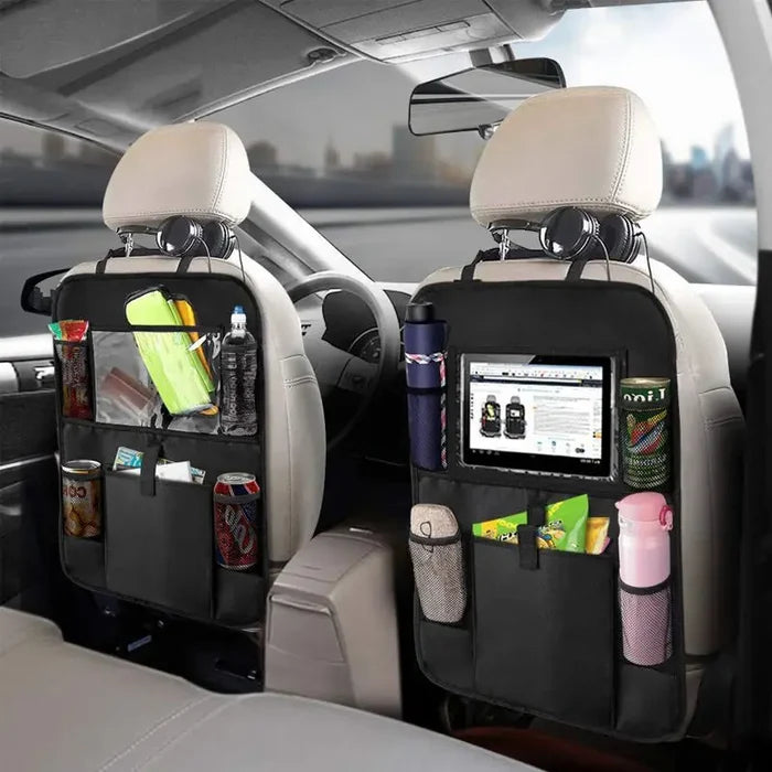 Car Backseat Organizer with Touchscreen Tablet Holder – Foldable Seat Back Storage Pockets & Protector