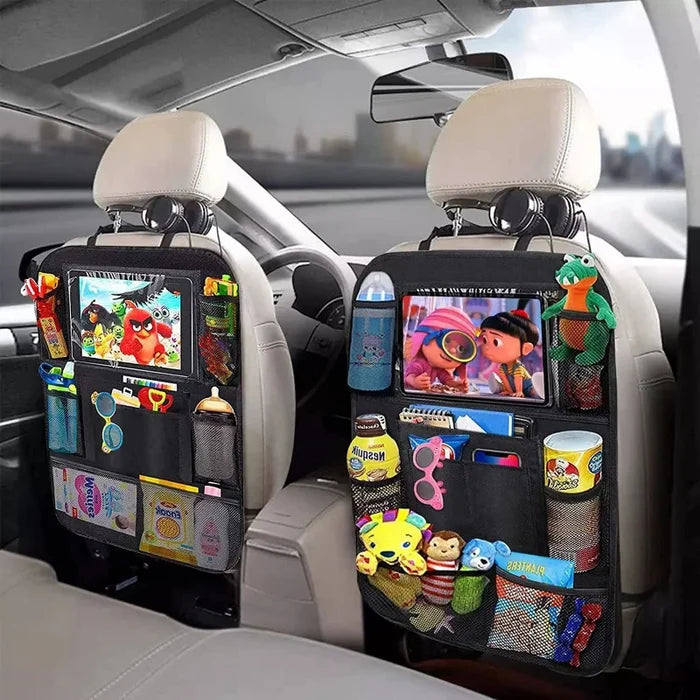 Car Backseat Organizer with Touchscreen Tablet Holder – Foldable Seat Back Storage Pockets & Protector