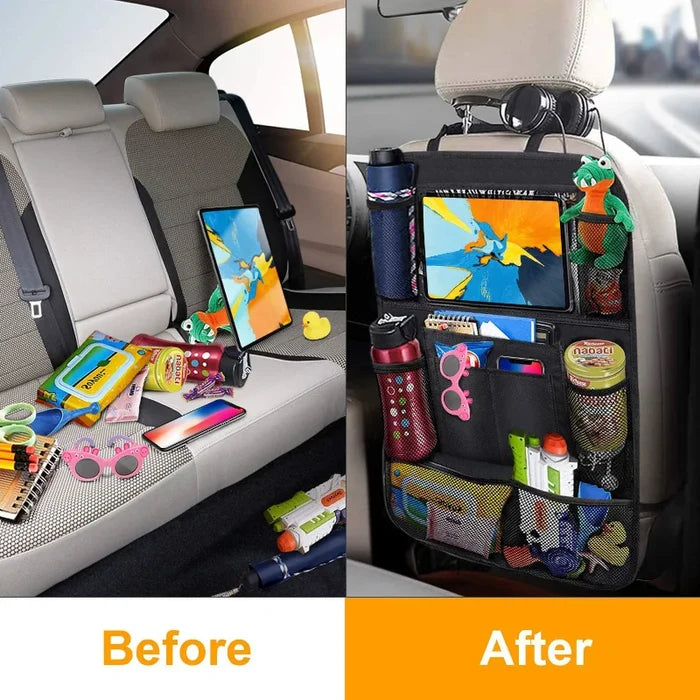 Car Backseat Organizer with Touchscreen Tablet Holder – Foldable Seat Back Storage Pockets & Protector