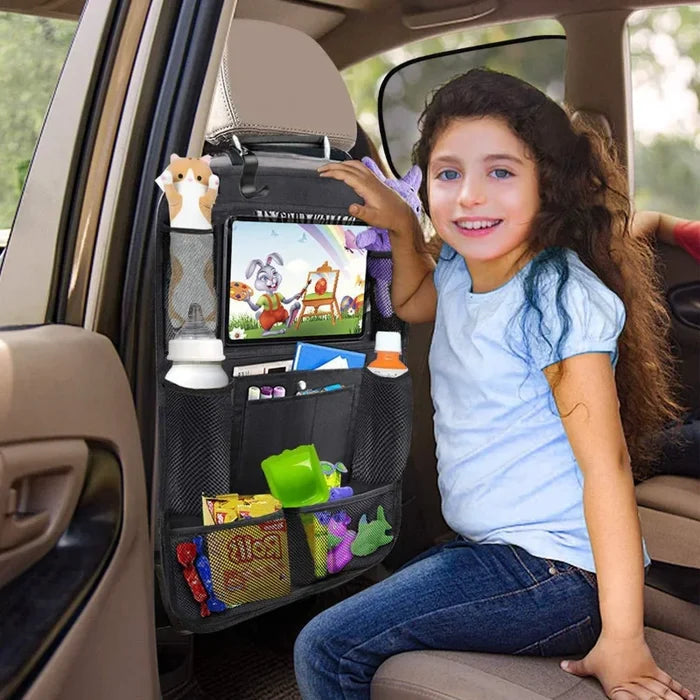 Car Backseat Organizer with Touchscreen Tablet Holder – Foldable Seat Back Storage Pockets & Protector