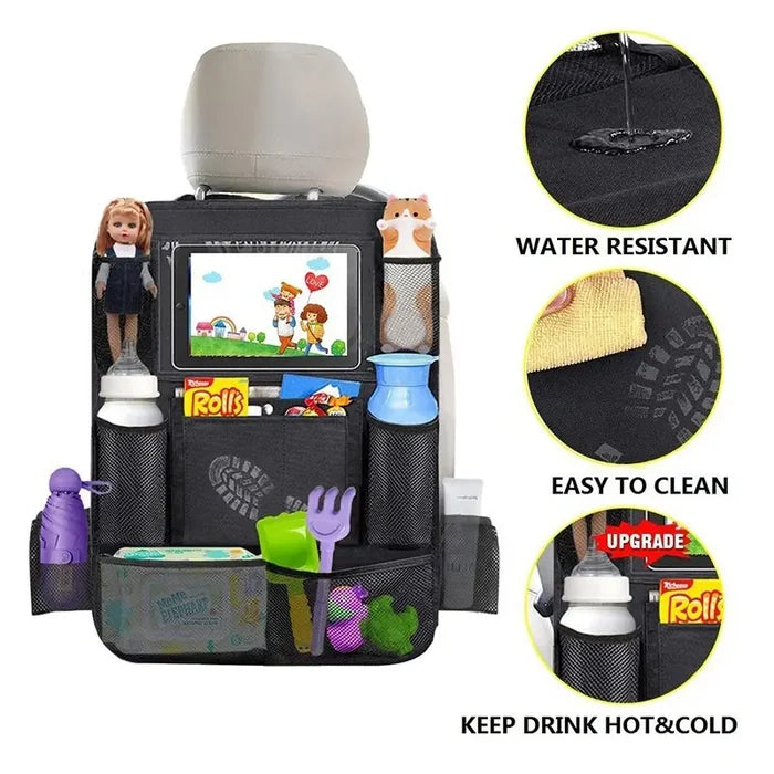 Car Backseat Organizer with Touchscreen Tablet Holder – Foldable Seat Back Storage Pockets & Protector