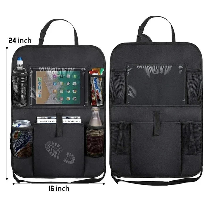 Car Backseat Organizer with Touchscreen Tablet Holder – Foldable Seat Back Storage Pockets & Protector