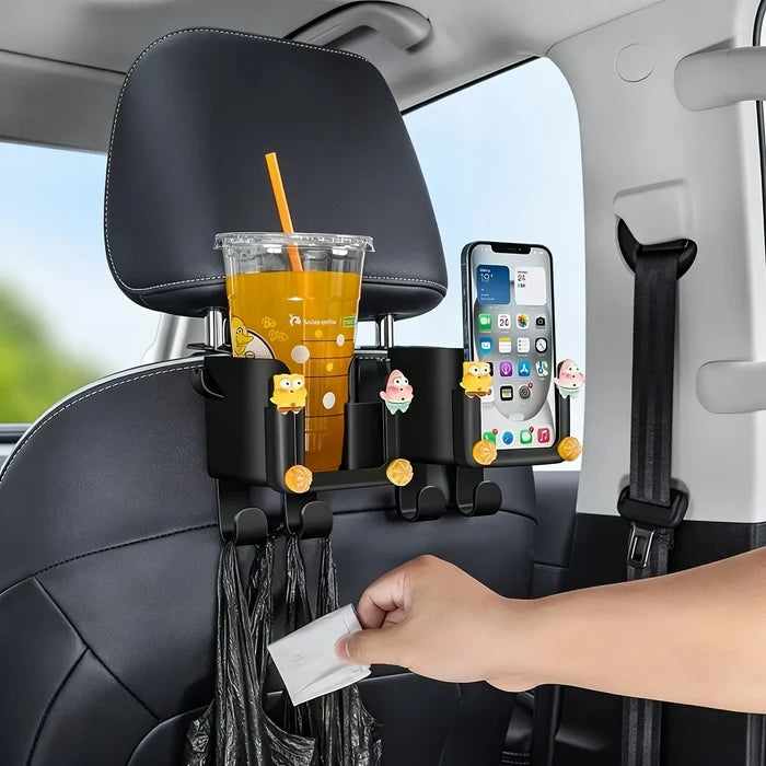 Car Seat Backrest Storage Rack with Cup Holder and Hooks | Space-Saving Car Organizer